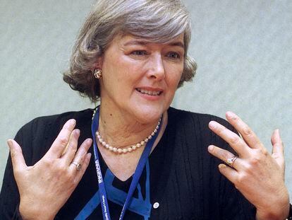 Pat Schroeder speaks to a reporter during an interview at the Los Angeles Convention Center on April 30, 1999.