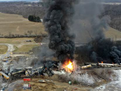 This photo taken with a drone shows portions of a Norfolk and Southern freight train that derailed Friday night in East Palestine, Ohio are still on fire at mid-day Saturday, Feb. 4, 2023.