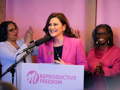 Michigan Governor Gretchen Whitmer addresses supporters before signing legislation to repeal the 1931 abortion ban statute, on April 5, 2023, in Birmingham, Michigan.