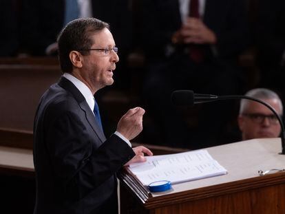 President of Israel Isaac Herzog delivers an address before a joint meeting of the US Congress on the floor of the House of Representatives in Washington, DC, USA, 19 July 2023.