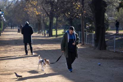 A man walks his dog in Barcelona in December 2023. 