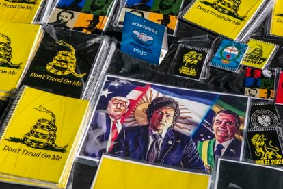 Stickers of Javier Milei, alongside images of Trump and Brazil’s former president Bolsonaro. 