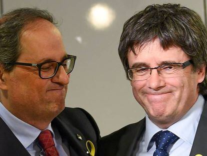 Quim Torra and Carles Puigdemont during a press conference in Berlin.