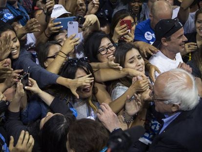 Sanders greets supporters in California on Tuesday.