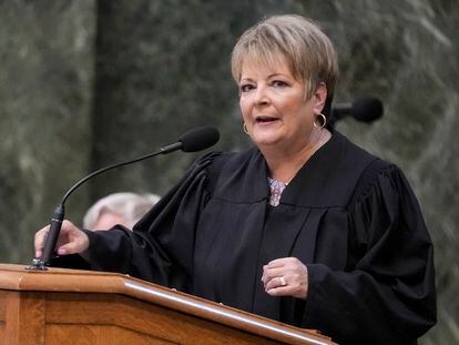 Janet Protasiewicz speaks after being sworn in as a Wisconsin Supreme Court justice, Tuesday, Aug. 1, 2023, in Madison, Wis.