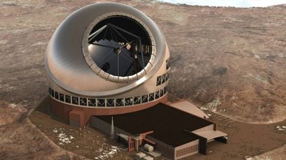 An artist’s rendition of the Thirty Meter Telescope as it would look atop the Mauna Kea.