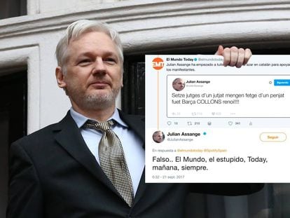 An in-house photomontage of Assange with the fake tweet, using an original photo from Getty.