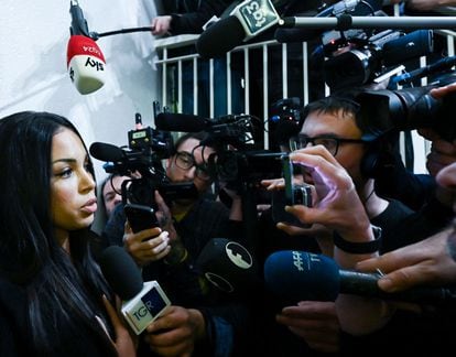 Karima El-Mahroug speaks to the media on February 15, following a court ruling over whether Silvio Berlusconi bribed witnesses to lie about his "bunga bunga" parties in an underage prostitution case. 