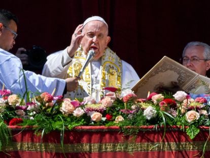 Pope Francis delivers the Easter Urbi et Orbi blessing from the loggia of St. Peter's basilica overlooking St. Peter's square on April 9, 2023 in The Vatican.