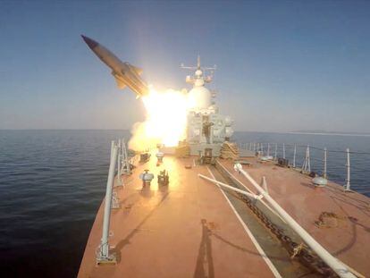 A still image from video, released by Russia's Defence Ministry, shows what it said to be a missile ship of Russia's Pacific Fleet firing a Moskit cruise missile, March 28, 2023.