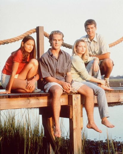 Katie Holmes, James Van Der Beek, Michelle Williams and Joshua Jackson in a promotional image from ‘Dawson’s Creek,’ the show that made them famous. 