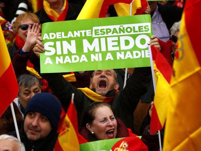 “Onward Spaniards – No fear of anything nor anyone,” reads this banner held by a protester at Sunday’s rally in Madrid.