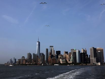 The Manhattan skyline is seen from the Staten Island Ferry on May 23, 2023 in New York City.