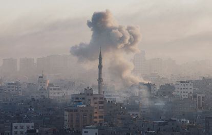 Smoke rises over Gaza City after airstrikes by the Israeli Army on Friday, October 13, 2023.