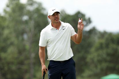 Brooks Koepka of the United States reacts on the 18th green during the second round of the 2023 Masters Tournament at Augusta National Golf Club on April 07, 2023 in Augusta, Georgia.