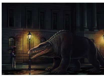 An imaginary reconstruction of an encounter between Charles Dickens and a Megalosaurus in the streets of London, in the book by paleontologist José Luis Sanz.