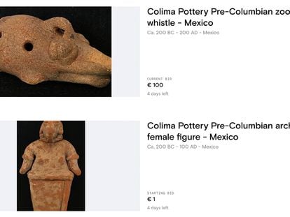 A screenshot of pre-Hispanic pieces that are scheduled to be auctioned on catawiki.com.