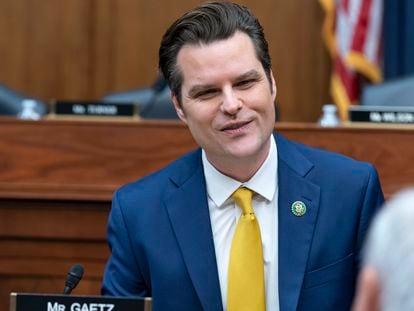 Rep. Matt Gaetz, R-Fla., speaks during the House Armed Services Committee hearing on the fiscal year 2024 budget request of the Department of Defense, on Capitol Hill in Washington, March 29, 2023.