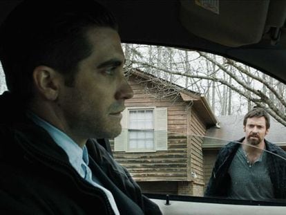 Jake Gyllenhaal (l) and Hugh Jackman play a cop and a desperate dad in Prisoners.