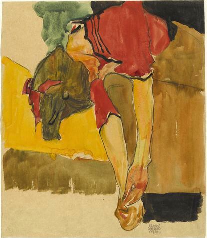 'Girl putting on Shoe', one of the Egon Schiele paintings originally owned by Fritz Grünbaum.