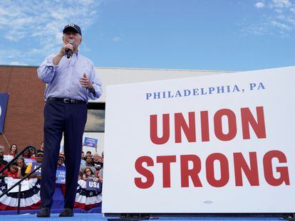 U.S. President Joe Biden delivers remarks celebrating Labor Day and honoring America’s workers and unions at the Annual Tri-State Labor Day Parade at Sheet Metal Workers' Local Union 19, in Philadelphia, Pennsylvania, U.S., September 4, 2023.