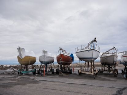 Boats at the marina on the south shore of the Great Salt Lake. They had to be removed last year to avoid damage due to the low water levels. 