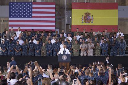 Obama addresses the troops at Rota military base.