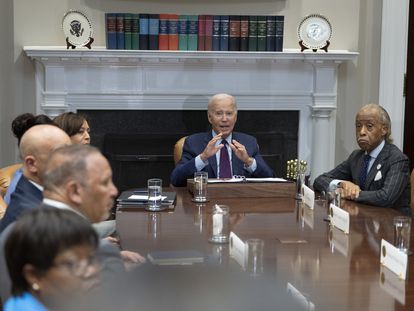 US President Joe Biden (C) participates in a meeting with organizers of the 60th anniversary of the March on Washington and members of the King Family at the White House in Washington, DC, USA, 28 August 2023.