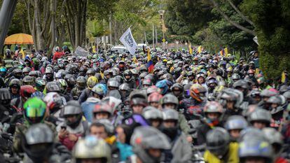 Motorcyclists protest in Colombia.