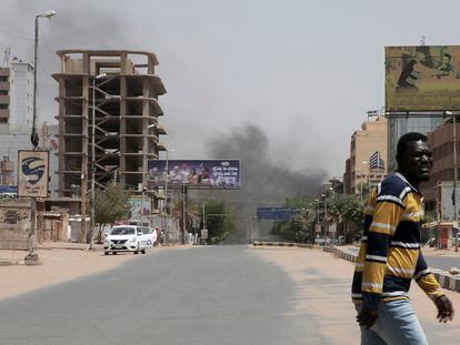 Smoke is seen rising from a neighborhood in Khartoum, Sudan, on April 15, 2023.