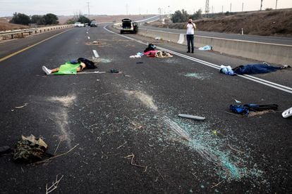 Corpses litter a highway in Sderot, Israel.