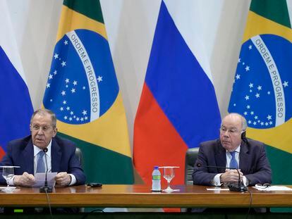 Russia's Foreign Minister Sergei Lavrov, left, and Brazilian Foreign Minister Mauro Vieira give a joint statement at Itamaraty Palace in Brasilia, Brazil, on April 17, 2023.