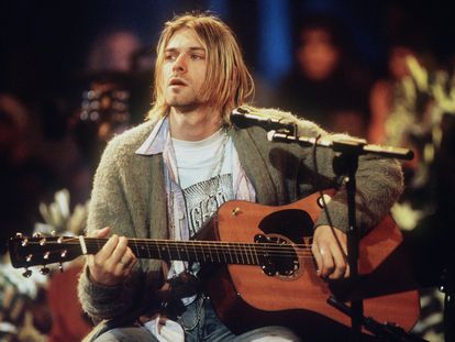 Kurt Cobain of Nirvana during the recording of MTV Unplugged at Sony Studios in New York City.