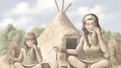 Artists impression of two women spinning yarn in the 3rd millennium B.C.
