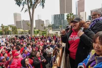 Thousands of Los Angeles Unified School District teachers and Service Employees International SEIU Local 99 union members rally outside the LAUSD headquarters in Los Angeles, on March 21, 2023.