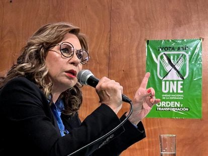 Presidential candidate for the National Unity of Hope (UNE) party Sandra Torres speaks during a press conference in Guatemala City, Guatemala, in this handout photo released on July 13, 2023.