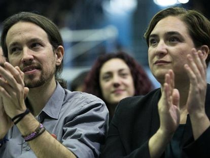 Podemos leader Pablo Iglesias and Barcelona Mayor Ada Colau in a file photo.