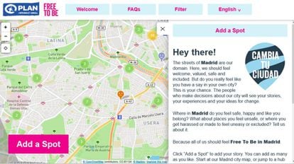 A screenshot of the Free to Be website showing a map of downtown Madrid.
