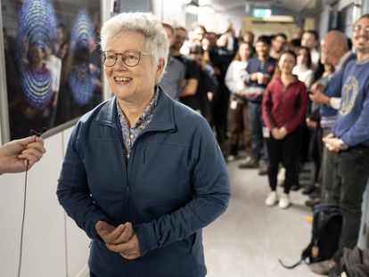 Anne L'Huillier, 2023 Nobel Prize winner in Physics, addresses the press at Lund University, Sweden, last Tuesday.