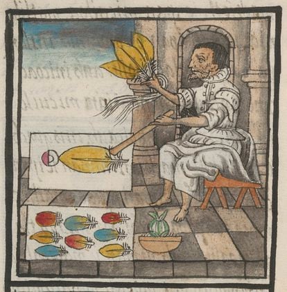 Illustration of a man making crafts with feathers; from Book 9 of the Florentine Codex.