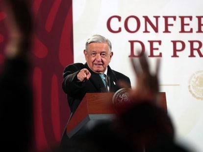 Andrés Manuel López Obrador points at a reporter during a press conference in the National Palace in Mexico City.