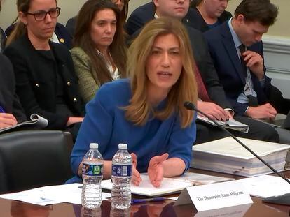 Drug Enforcement Administration chief Anne Milgram speaks during a meeting with the committee on Capitol Hill in Washington on Thursday, April 27, 2023