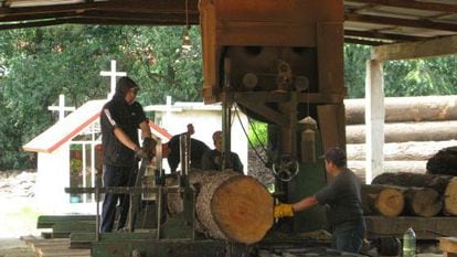 Men working in a sawmill in Agua Bendita.