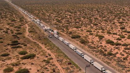 Trucks waiting at the Jeronimo-Santa Teresa border crossing near El Paso, Texas; September 26, 2023.
