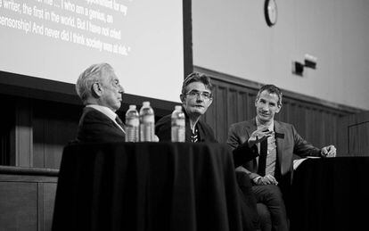 Vargas Llosa, Philippe Lançon and Rubén Gallo at a lecture in November 2015 at Princeton University. It’s one of the few photos of the writer after the attack.