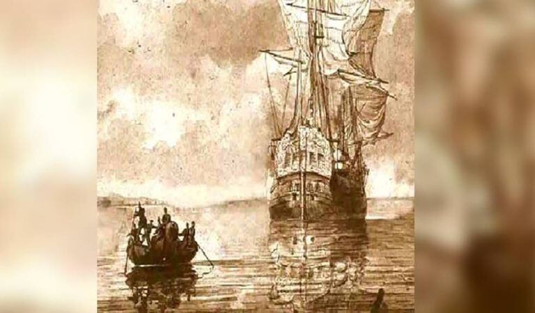 An artist's rendition of the 'Oriflama' being approached by local sailors.