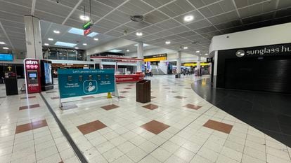 A deserted Gatwick Airport departures lounge on April 8, 2021.