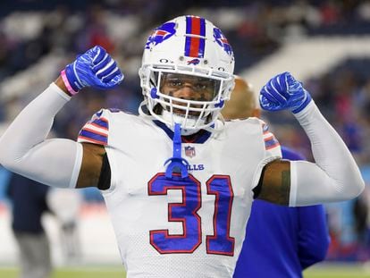 Buffalo Bills safety Damar Hamlin (31) is shown before an NFL football game against the Tennessee Titans on Monday, Oct. 18, 2021, in Nashville, Tenn.