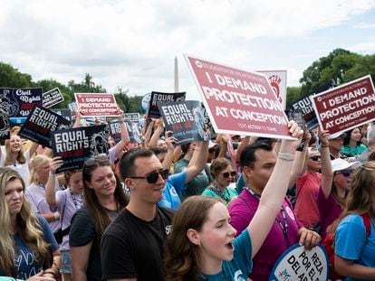 Anti-abortion activists cheer before Republican presidential candidate former Vice President Mike Pence speaks at the National Celebrate Life Rally at the Lincoln Memorial on Saturday, June 24, 2023, in Washington.