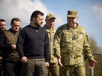 Ukrainian President Volodymyr Zelenskiy on a visit to the front lines in April.